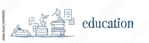 man on books stack give helping hand education success concept podium winers on white background sketch doodle banner vector illustration
