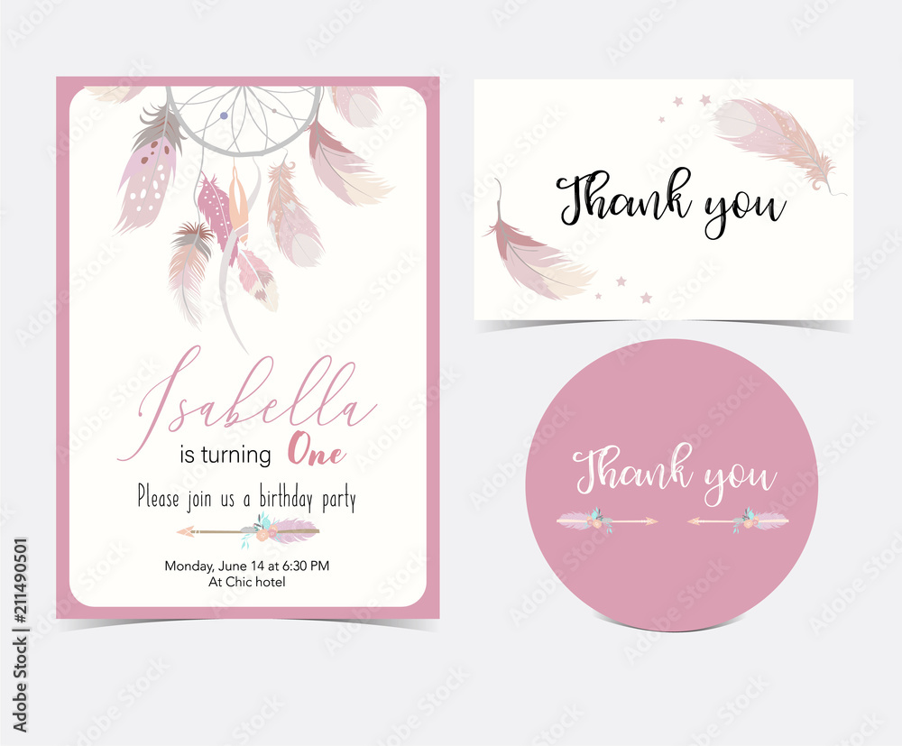 Pink hand drawn cute card with feather.Thank you Pink hand drawn cute card with feather.Thank you