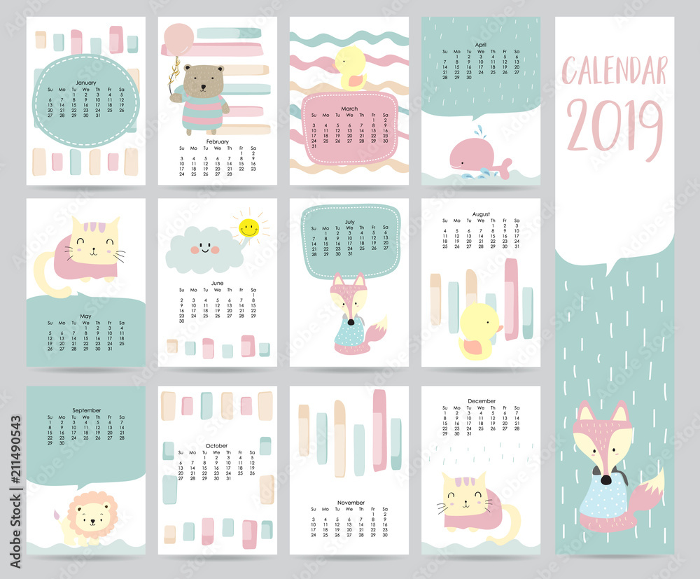 Cute monthly calendar 2019 with bear,cat,fox,whale,cat and lion for children.Can be used for web,banner,poster,label and printable Cute monthly calendar 2019 with bear,cat,fox,whale,cat and lion for children.Can be used for web,banner,poster,label and printable