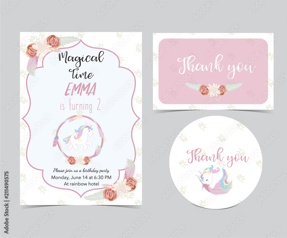 Pink hand drawn cute card with unicorn,wreath and flower.Thank you