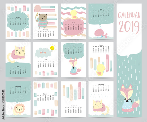 Cute monthly calendar 2019 with bear,cat,fox,whale,cat and lion for children.Can be used for web,banner,poster,label and printable
