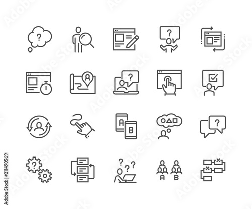 Simple Set of UX Related Vector Line Icons. Contains such Icons as User Flow, Journey Map, A-B Testing and more. Editable Stroke. 48x48 Pixel Perfect.
