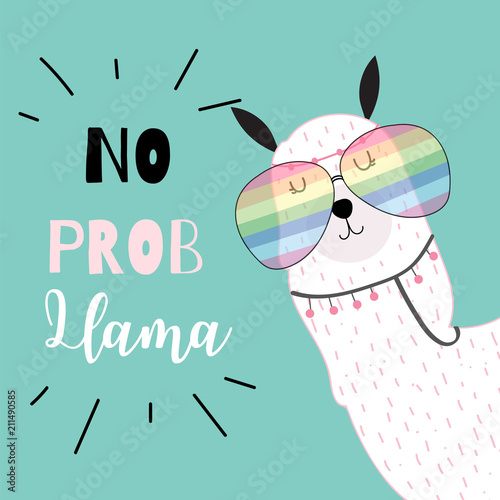 Blue green hand drawn cute card with llama,glasses in summer.No prob llama