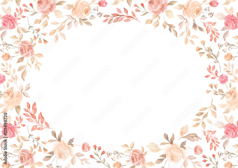 Vector watercolor pink flower, plant border white paper background