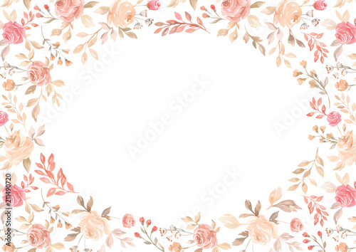 Vector watercolor pink flower, plant border white paper background
