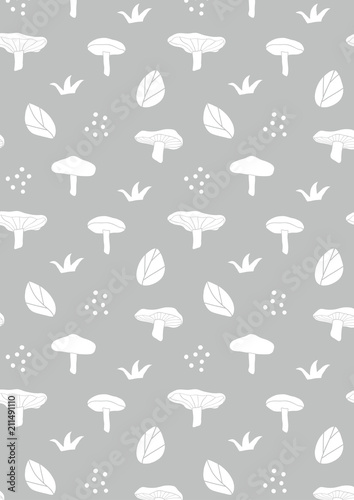 Mushroom pattern background. Naive hand drawn background