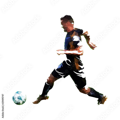 Soccer player running with ball, abstract scratched ink vector drawing. European football athlete. Isolated silhouette, side view