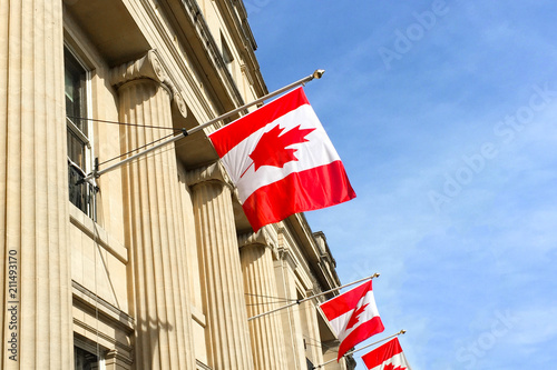 Canadian flags on a building against a blue sky photo