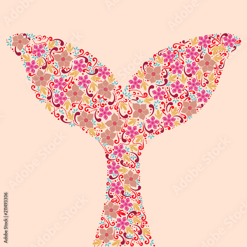 Whale tail. Floral ornament artistic vector illustration for tattoo, t-shirt print