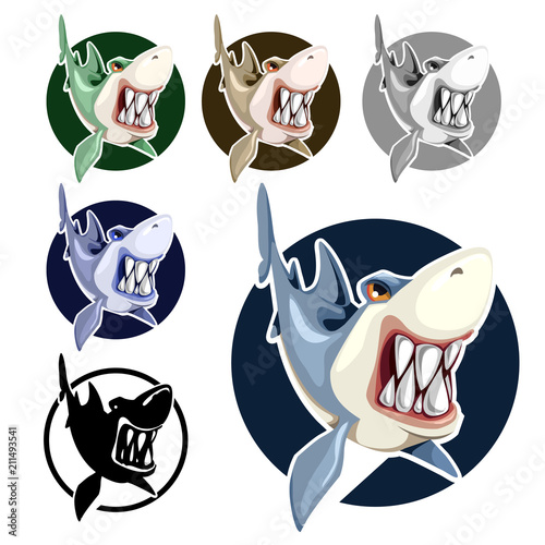 Mad shark bares his teeth isolated on white background. Vector cartoon close-up illustration.
