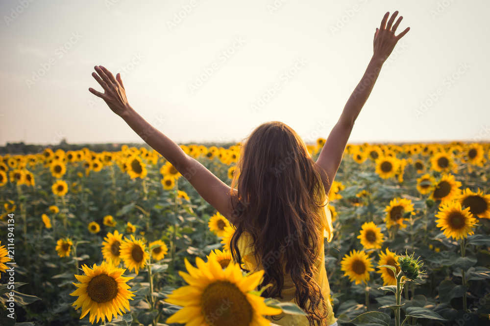 Beautiful woman with long hair hands up in a field of sunflowers in the ...