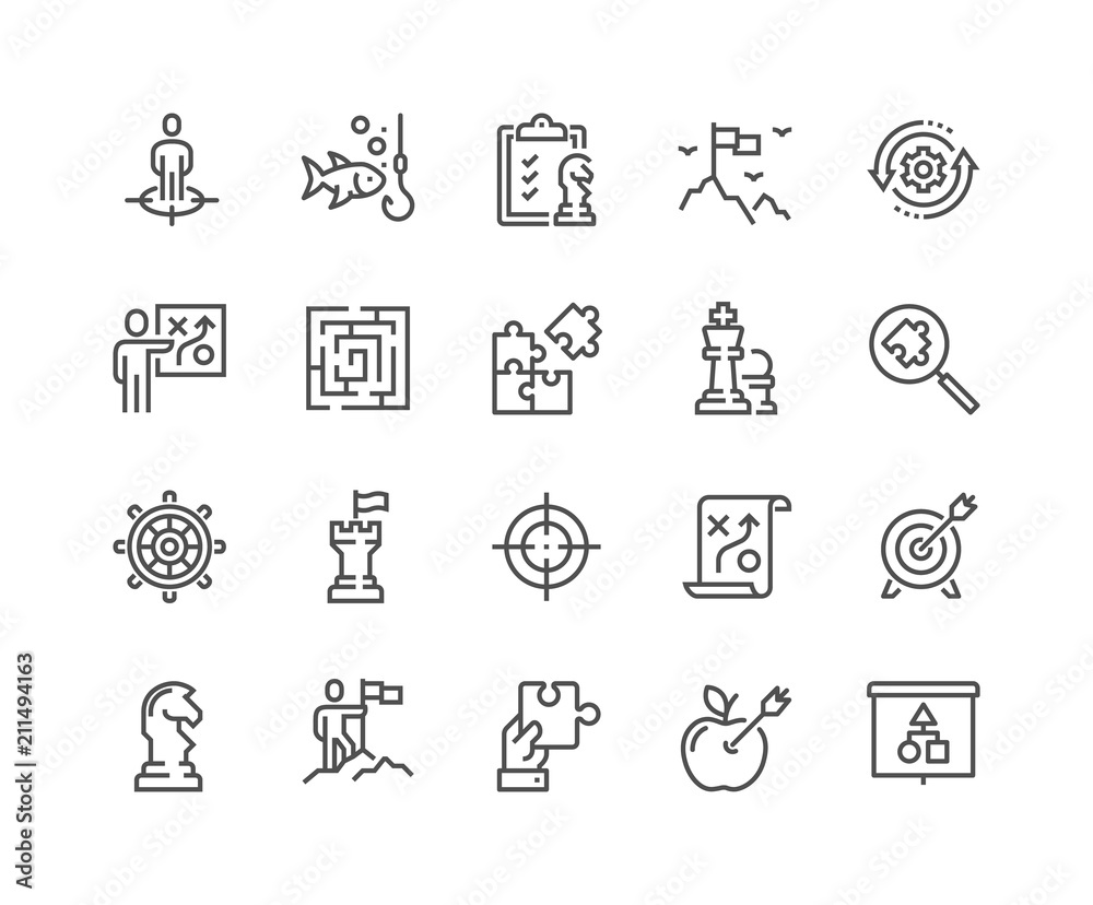 Simple Set of Business Strategy Related Vector Line Icons. 
Contains such Icons as Target Audience, Research, Plan, Scheme and more.
Editable Stroke. 48x48 Pixel Perfect.