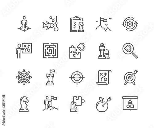 Simple Set of Business Strategy Related Vector Line Icons. 
Contains such Icons as Target Audience, Research, Plan, Scheme and more.
Editable Stroke. 48x48 Pixel Perfect. photo