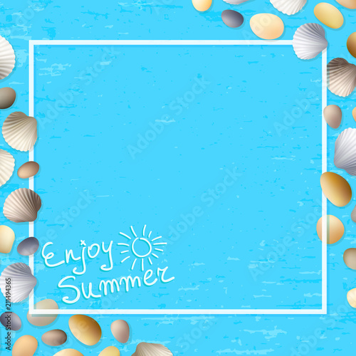 Shells frame. Enjoy summer. Blue grunge background. Stones and seashells vector. Ocean or sea poster. Travel illustration. Tropical beach vacation.