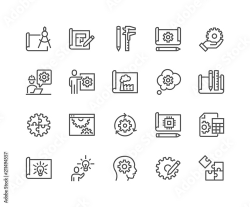 Simple Set of Engineering Design Related Vector Line Icons. 
Contains such Icons as Blueprint, Idea, Tools and more. Editable Stroke. 48x48 Pixel Perfect.