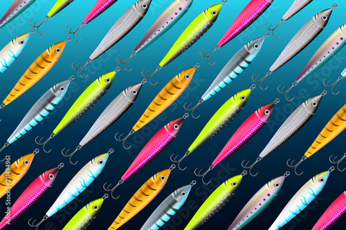 Fishing lures backgrounds. Realistic hooks wallpaper for catching salmon, catfish, tuna, pike, perch, marlin, bass, trout or tarpon. Underwater wobblers vector for web and printed products.