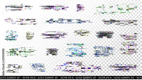 Glitch elements set. Computer screen error templates. Digital pixel noise abstract design. Poster design pixel details. Glitches collection. TV signal fail. Data decay. Technical problem grunge.