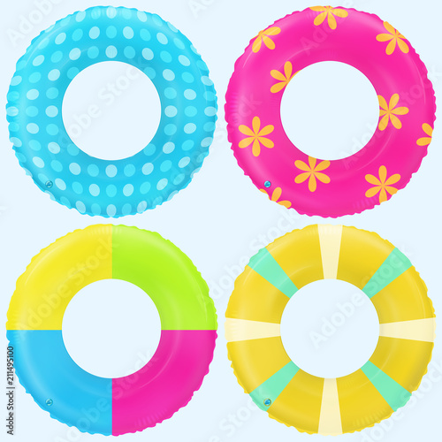 Swim rings set. Inflatable rubber toy. Lifebyou colorful vector collection. Realistic summertime illustration. Summer vacation or trip safety item. Top view swiming circle for ocean, sea, pool.