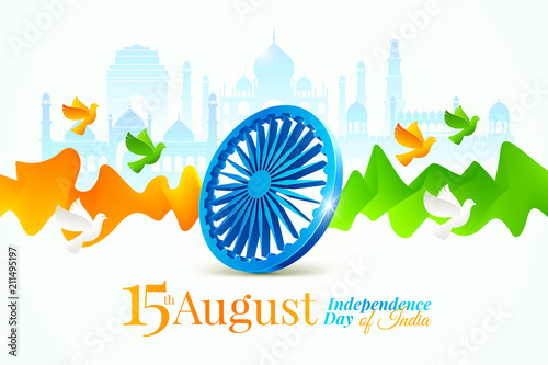 India independence day illustration. Ashoka wheel, fluid waves and doves in the colors of the indian national flag against a background with indian architecture landmarks. Vector illustration.