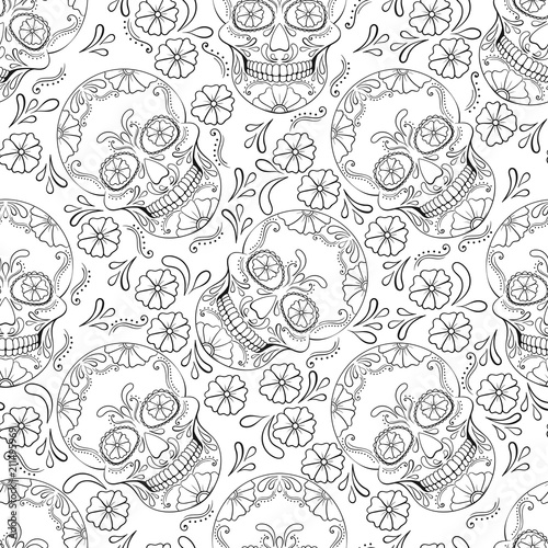 Fototapeta Naklejka Na Ścianę i Meble -  Day of The Dead Skull with floral ornament. Seamless pattern. Mexican sugar skull. Vector illustration
