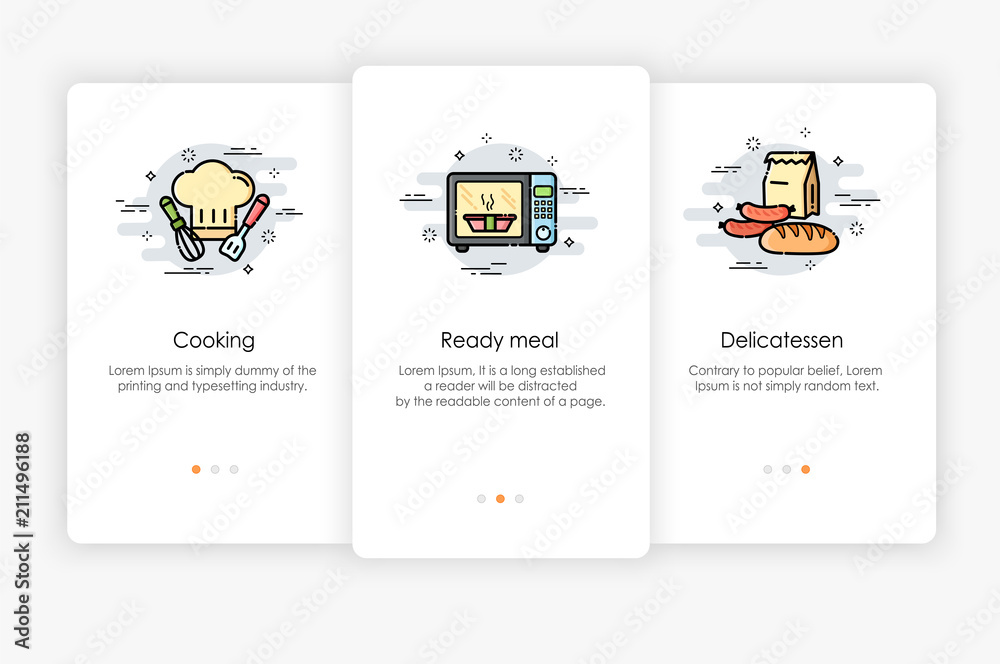 Onboarding screens design in Food and Cooking concept. Modern and simplified vector illustration, Template for mobile apps.