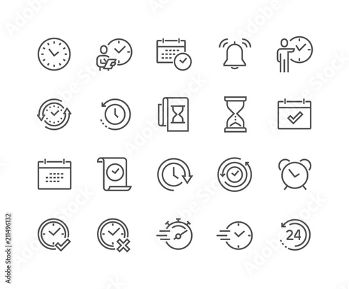 Simple Set of Time Related Vector Line Icons. 
Contains such Icons as Time Inspection, Log, Calendar and more. Editable Stroke. 48x48 Pixel Perfect. photo