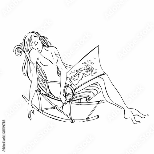 Sleeping girl. Sketch. The artist's girl fell asleep after drawing. Romantic cute image. Vector drawing.