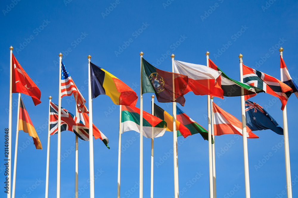 Rows of a flags of different countries of the world a background of clear blue sky
