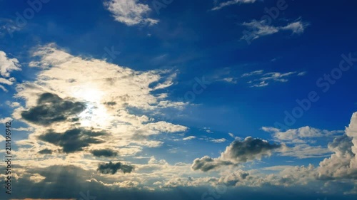 Time lapse of seascape with clouds moving in the blue sky. Cloudy sky on a bright day in Normandy, France. Nature, cloudscape, calmness, meditation and relax concept
