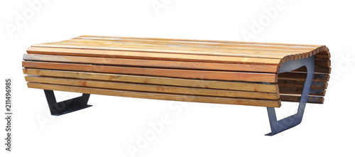 Fotografie Perspective view of a small wooden bench with metal legs isolated on a white bac