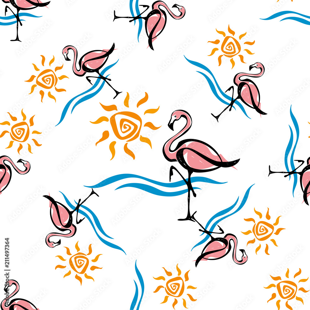 Seamless pattern. Flamingo. Sea and sun. Tropical. Summer design Vector illustration. Seamless pattern. Flamingo. Sea and sun. Tropical. Summer design Vector illustration.