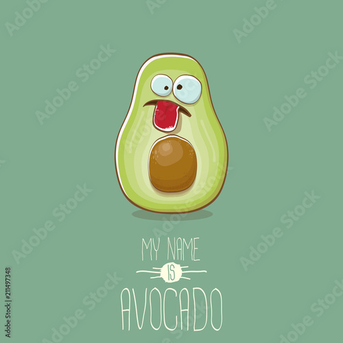 funny cartoon cute green avocado character isolated on green background. My name is avocado vector concept. vector healthy summer fruit character