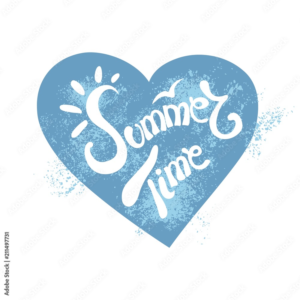 Summer time hand written vector lettering. White script with the sun rays inside a blue heart shape whith light blue splashes. Summer time hand written vector lettering. White script with the sun rays inside a blue heart shape whith light blue splashes.