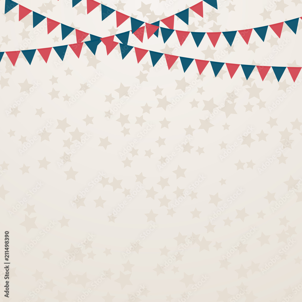 Obraz premium July 4th Independence Day Party. Flags and scattered stars confetti background. Retro patriotic vector illustration in colors of American flag. Easy to edit banner template.