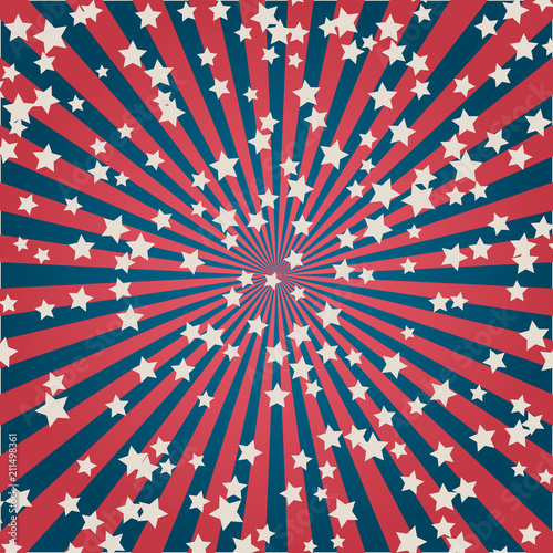 United States Independence Day 4th of July or Memorial Day banner. Retro patriotic vector illustration. Concentric stripes and stars confetti in colors of American flag.