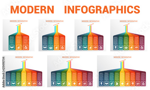  Vector template Infographic for 3, 4, 5, 6, 7, 8, 9 options. Vertical colorful strips with prospect and a shade. Set of business icons. Template for successful business projects 