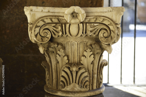 Archaeological find. Upper part (Capitello) of an ancient Etruscan column. Orvieto, Italy