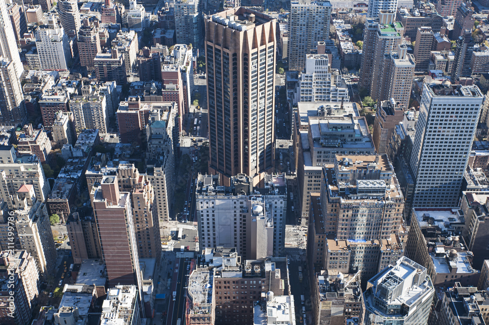Highly developed Downtown Manhattan towards the East River Side, aerial views from Empire State Building, close-up on roads structure and skyscrapers, and urban density, New York City, USA