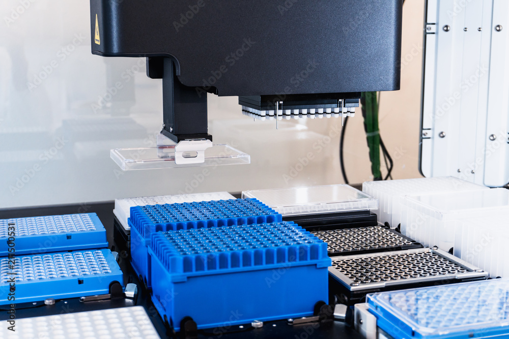 Automation in the clinical laboratory. Pipetting robot laboratory. Medicine robotics. NGS DNA diagnostics. Research and science background