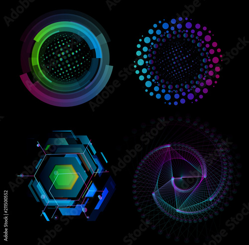 Science innovation icons, new technology, digital future, smart factory icon, automated robotic factory, digital nano technology, unusual isolated shapes set, abstract modern design, vector logotype.