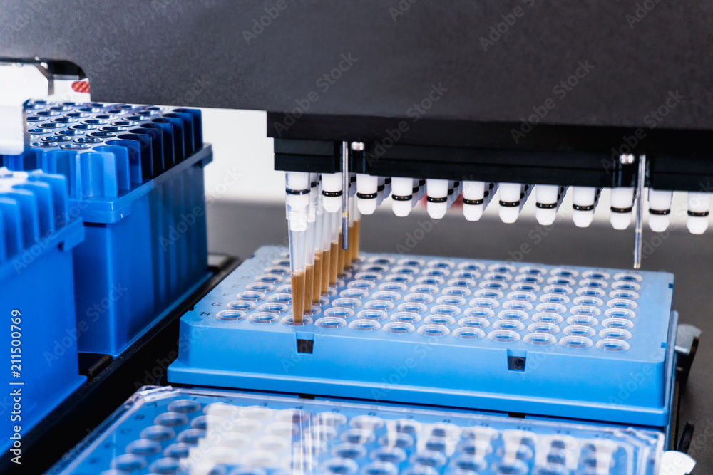 Automation in the clinical laboratory. Pipetting robot laboratory. Medicine robotics. NGS DNA diagnostics. Research and science background