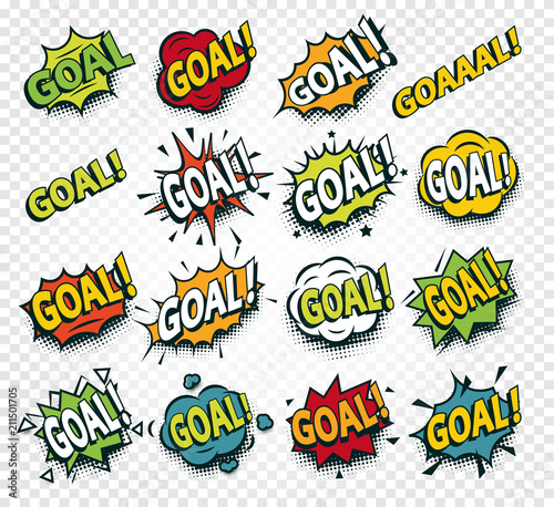 Scored Goal sticker, hit the ball, comics speech set, soccer web online translation design element, football vector illustrations template.