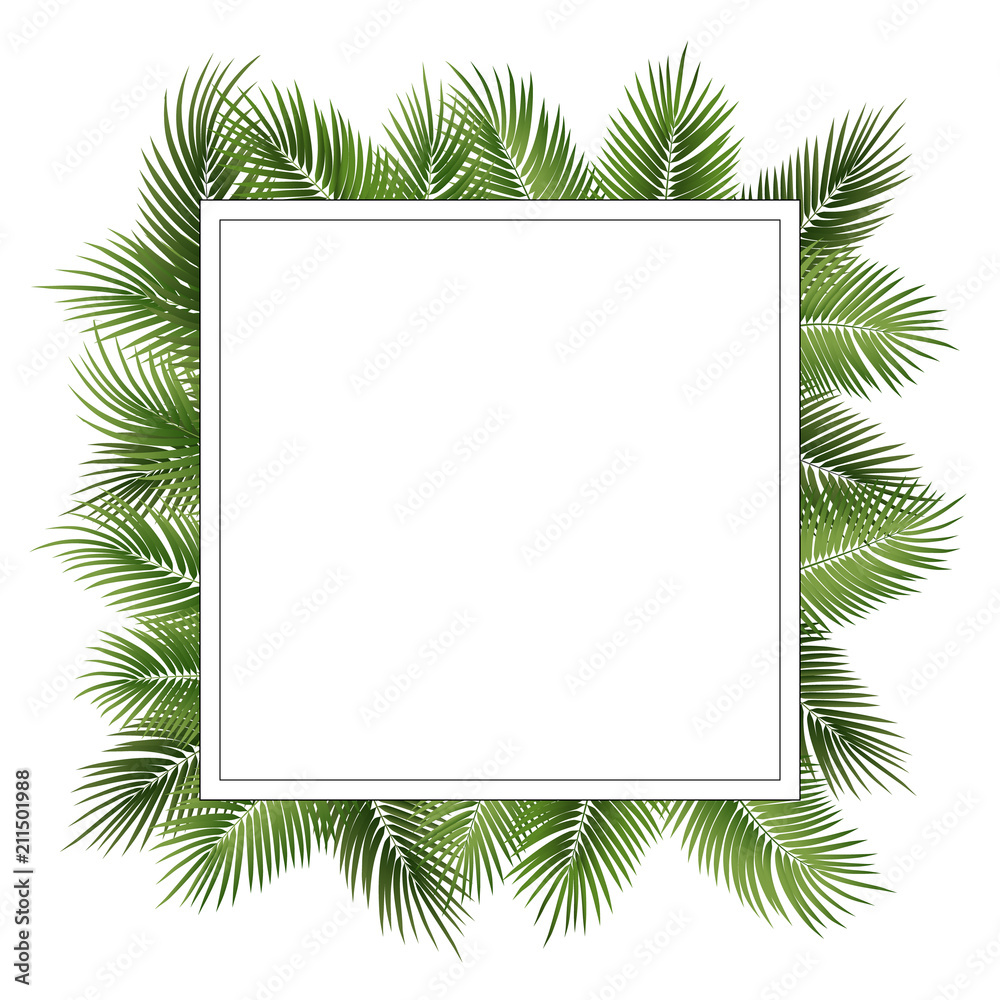 Vector summer poster framed with green palm leaves on white background.
