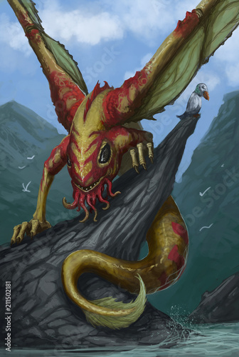 Fototapeta Ziemnowodny smok wodny stojący na skale nad wodą - digital fantasy painting