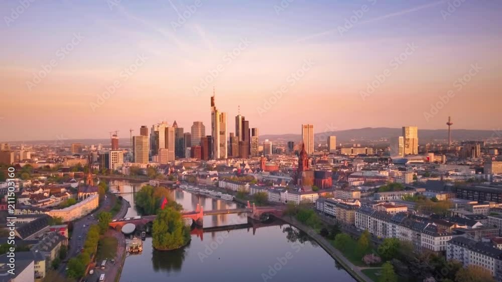 city of frankfurt aerial shot flight to city business center over main river