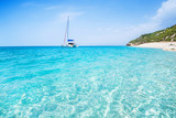 Sailboat in the sea, active vacation in Mediterranean sea, Lefkada island, Greece
