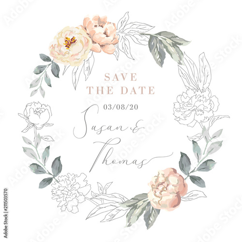 Blush pink peony flowers and gray leaves wreath. Wedding frame with graphic elements. Vector illustration. Floral bouquet. Design greeting card. Invitation background. Save the date template