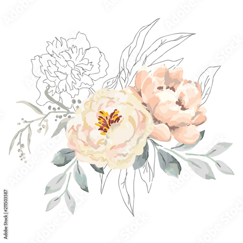 Blush creamy peony flowers and gray leaves with graphic elements. Vector illustration on the white background. Floral bouquet. Design greeting card. Invitation background. Botanical blossom