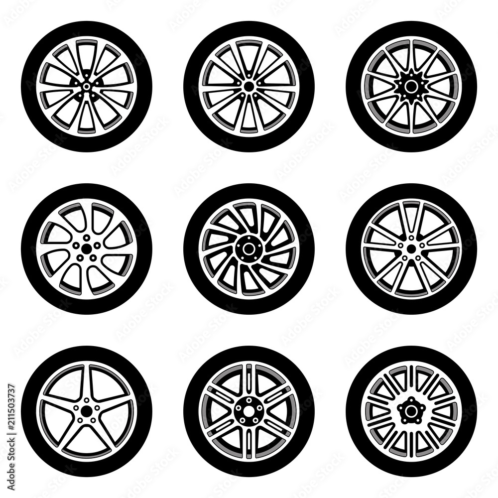 Car wheel. Rims and tires. Flat vector