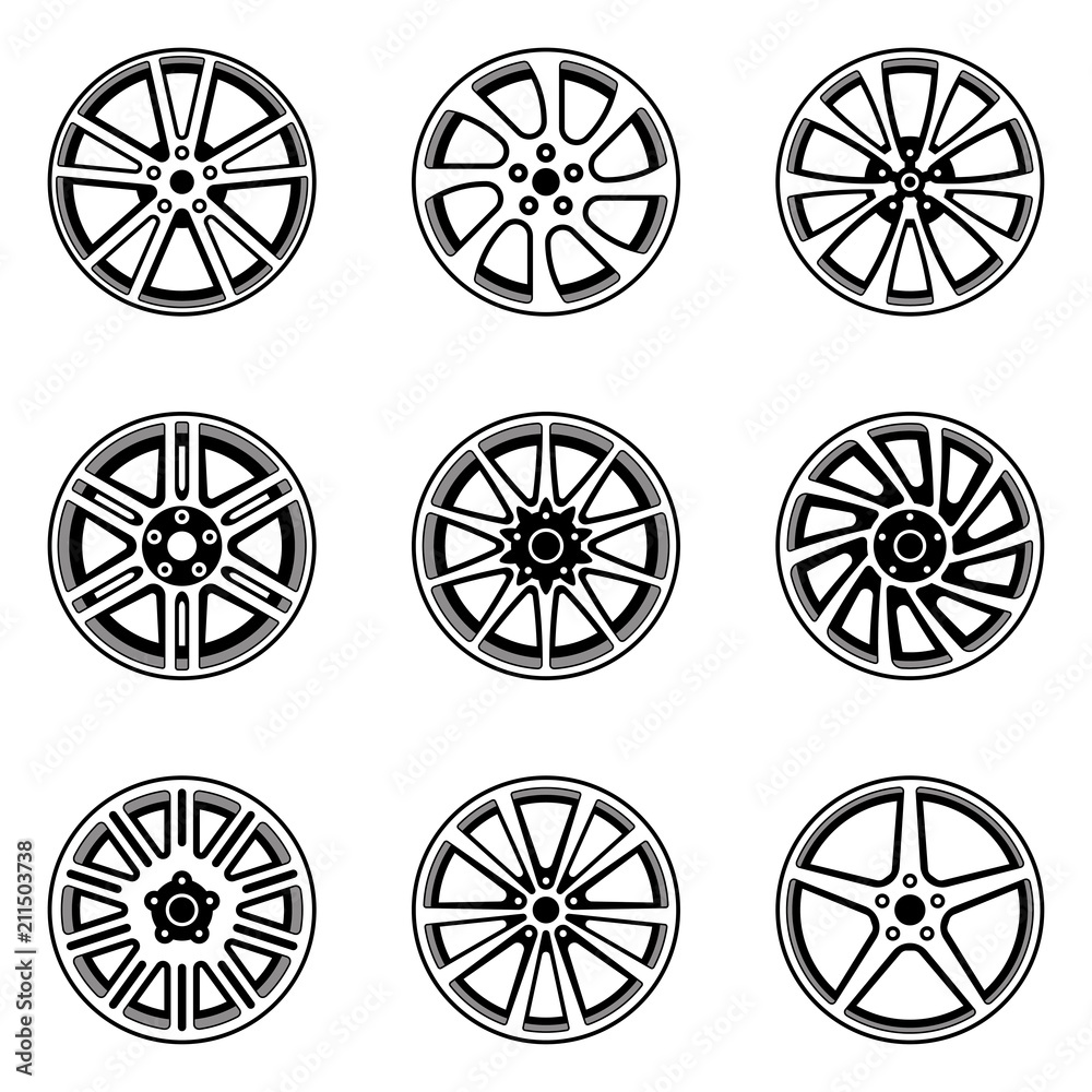 Set of various forms of car wheel. Flat vector